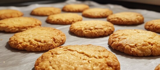 Aufkleber - Rustic oatmeal cookies freshly baked on parchment paper with a golden brown texture and inviting appearance. Perfect for dessert or snacking.
