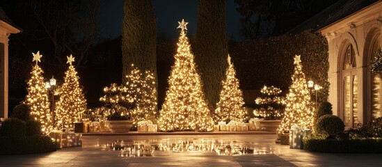 Poster - Elegant outdoor Christmas tree decorations illuminated with golden lights in a serene festive setting at night.