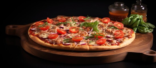 Aufkleber - Delicious pizza on a wooden platter garnished with fresh tomatoes and herbs presented on a dark background for buffet decoration