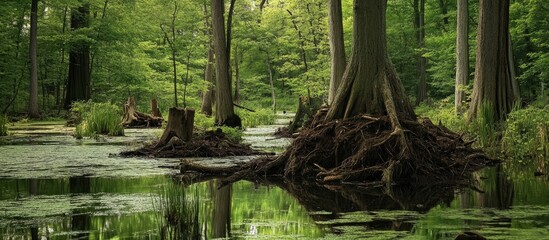 Poster - Lush forested pond with tree stumps surrounded by vibrant greenery and reflective water creating a serene natural landscape scene