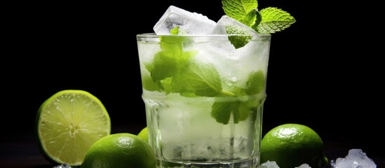 Poster - Refreshing mint lime cocktail with ice and vodka garnished with fresh mint leaves and lime slices on a dark background