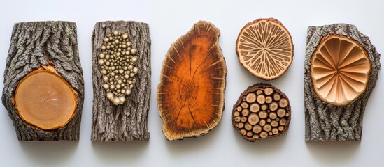 Poster - Diverse natural textures and patterns from cross-sections of cut tree trunks and branches showcasing wood grain and bark details