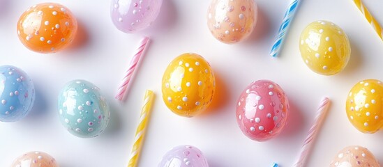 Aufkleber - Colorful Plastic Easter Eggs and Straws on a White Background for Spring Celebrations and Holiday Decorating Inspiration