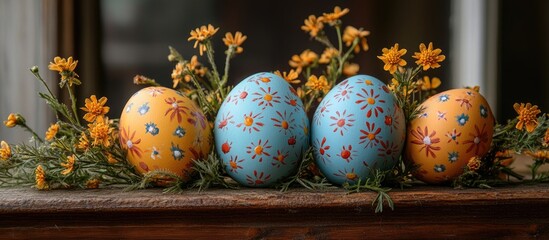 Aufkleber - Rustic Easter decoration with colorful painted eggs and vibrant spring flowers on a wooden surface creating a festive atmosphere