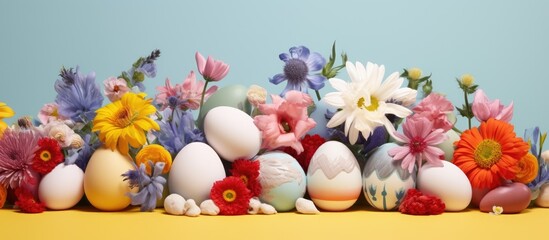 Poster - Vibrant Easter eggs decorated with colorful flowers creating a cheerful spring-themed backdrop for festive packaging designs