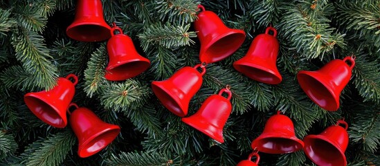 Poster - Red toy Christmas bells adorning a lush green pine tree creating a festive holiday atmosphere for seasonal celebrations