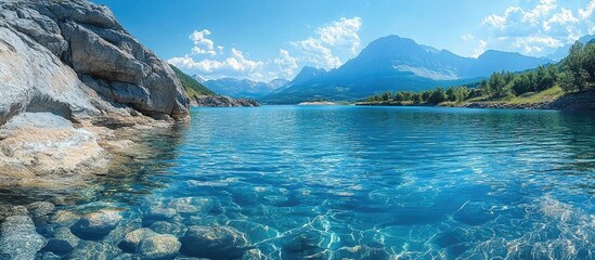 Poster - Serene mountain landscape with clear water river under a vibrant blue sky and lush greenery reflecting in the calm reflections of nature
