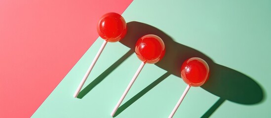 Poster - Colorful flat lay of red lollipops on pastel green and pink background showcasing modern minimalistic design and vibrant colors
