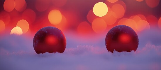 Aufkleber - Red Christmas ornaments resting on snow with a vibrant red bokeh background creating a festive holiday ambiance for seasonal projects.