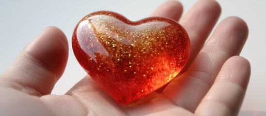 Poster - Red glass heart with glitter in a hand symbolizing love and warmth against a soft white background for romantic or creative themes.