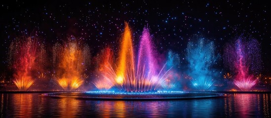 Poster - Vibrant fireworks and fountain show illuminating the night sky during a festive celebration with colorful lights reflecting on water.