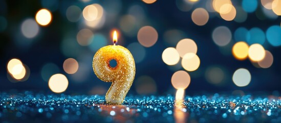Poster - Golden number 9 birthday candle glowing against a vibrant bluish backdrop with bright bokeh lights creating a festive celebration atmosphere