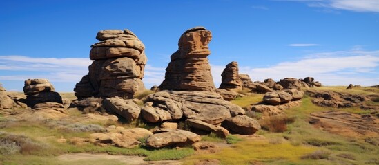 Poster - Majestic rock formations in a scenic landscape now protected within a National Park against a backdrop of clear blue skies.
