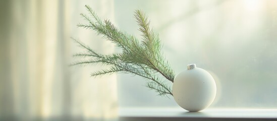 Aufkleber - Evergreen fir branch in a vase with white bauble against a soft blurred window background for elegant interior decor