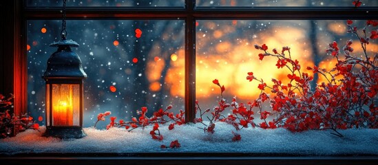 Poster - Winter window scene with lantern, flowers, snow and tree capturing a cozy atmosphere at sunset in a snowy landscape.