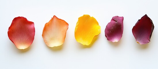 Poster - Colorful rose petals arranged elegantly on a white background for a serene and romantic aesthetic. Ideal for floral and beauty presentations.