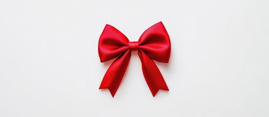 Poster - Elegant shiny red ribbon bow on a clean white background perfect for festive occasions and gift wrapping decoration concepts.