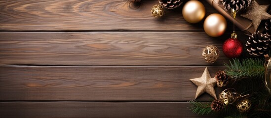 Poster - New Year design with fir branches, decorative ornaments, and gift boxes on rustic wooden background for festive celebrations and greetings