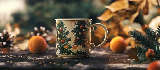 Poster - Festive holiday mug surrounded by pinecones and oranges in a cozy winter setting. Perfect for seasonal decorations and warm beverages.