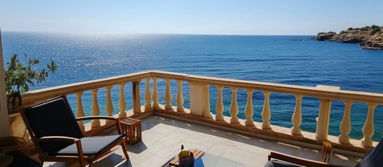 Poster - Stunning panoramic ocean view from a serene balcony on a bright sunny day by the seaside.