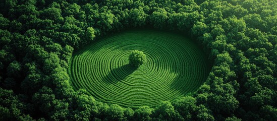 Poster - aerial view of a lush green forest featuring a circular maze design with a solitary tree at the cent