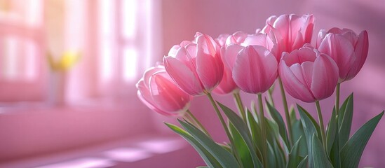 Poster - Pink tulips in a vase with a soft pink background illuminated by natural light ideal for floral designs and greeting cards