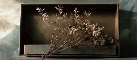 Poster - Elegant still life composition of dried plants arranged in a rustic frame on a textured background showcasing natural beauty.