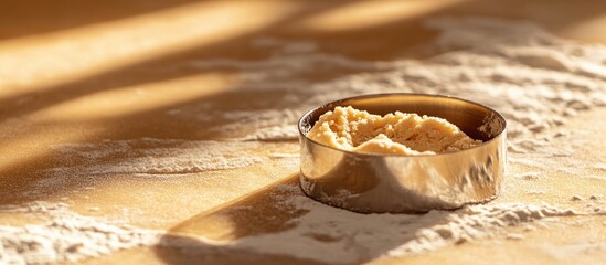 Poster - Metallic cookie cutter on floury surface with soft shadows highlighting the dough during baking preparation