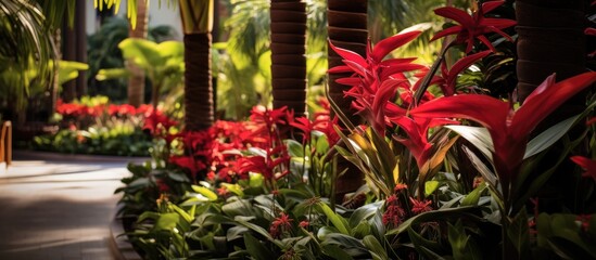 Poster - Tropical hotel garden with vibrant red flowers surrounded by lush greenery and exotic palm trees creating a serene landscape atmosphere.