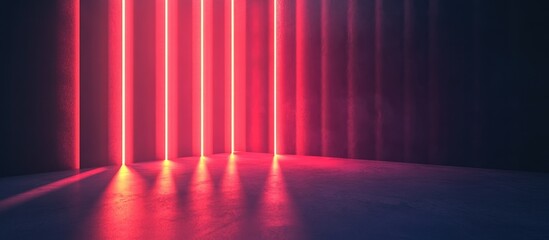 Poster - Neon illuminated room with vibrant pink and blue vertical lines creating a modern artistic atmosphere for creative backgrounds and designs