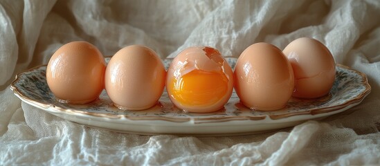 Aufkleber - Fresh raw eggs displayed on an elegant plate with soft drapery in a natural setting, highlighting their organic beauty and simplicity.