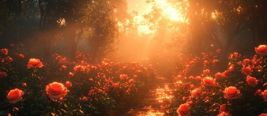 Aufkleber - Serene sunset over a rose garden with golden light filtering through trees creating a romantic and dreamy atmosphere