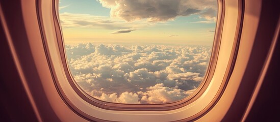 Poster - Cloud-filled sky view from an airplane window showcasing a vibrant sunset and dramatic clouds above the horizon.