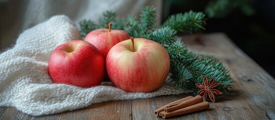 Poster - Red apples with cinnamon and star anise on rustic wooden table decorated with fir branches and a cozy white shawl background