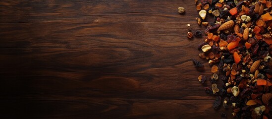 Aufkleber - Dried fruits and nuts arranged on dark wood surface with blank space for text showcasing a festive holiday theme and natural textures