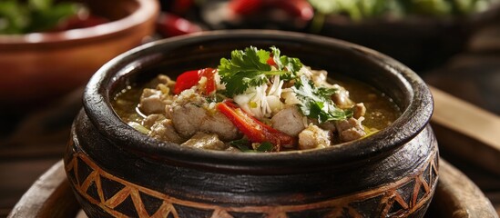 Poster - Soto Tengkleng traditional Indonesian dish with tender meat garnished with herbs served in rustic bowl
