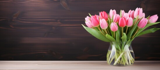 Poster - Pink Tulips in Glass Vase on Wooden Surface with Floral Backdrop and Copy Space for Text or Branding