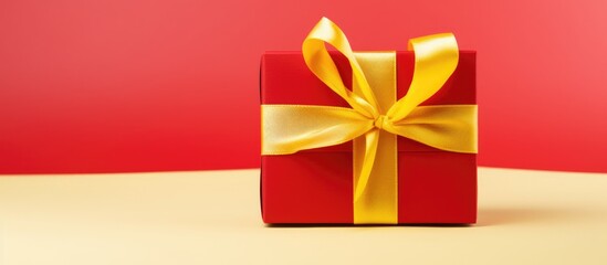 Poster - Red gift box adorned with a yellow ribbon positioned against a vibrant red and yellow background ideal for celebrations and gifting occasions
