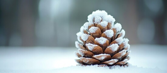 Poster - snow-covered pine cone resting on a winter landscape symbolizing seasonal beauty and tranquility in 