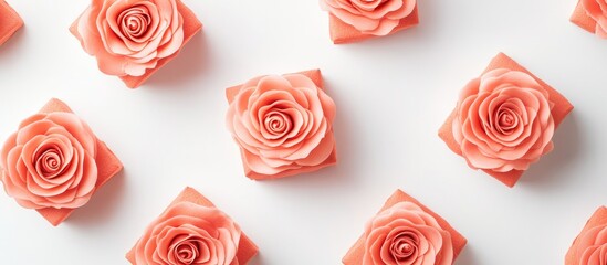 Poster - Mother's Day flat lay design with coral pink rose flowers and gift boxes on a white background ideal for festive greeting cards or promotions