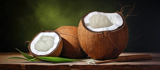 Poster - Freshly Cut Coconuts with Creamy Flesh on Rustic Wooden Table Surrounded by Green Leaves
