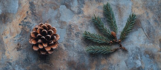 Poster - Pine cone and green leaves arranged on textured stone surface showcasing nature's beauty and seasonal inspiration for creative projects