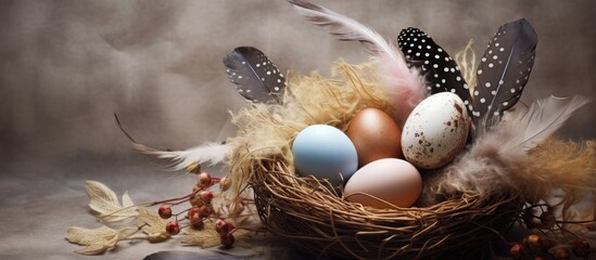 Aufkleber - Nest with decorative Easter eggs and feathers on a rustic beige background for holiday and seasonal celebrations
