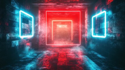 Poster - Visualization of a curved tunnel with LED lights glowing on the ceiling and reflections from a puddle on a wet, dark street, created for fast business technology and car advertising.