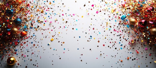 Poster - Colorful confetti stars and festive blower scattered on a white background creating a vibrant celebration atmosphere for party themes.