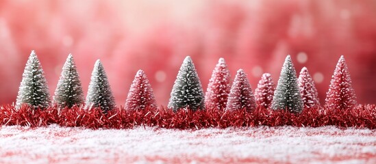 Poster - Miniature Christmas trees with red tinsel on snow-like background Creating a festive postcard template with space for personalized text