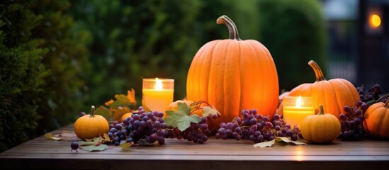 Poster - Pumpkin candles with vibrant berries and autumn leaves arranged on a rustic wooden table in an outdoor setting at twilight