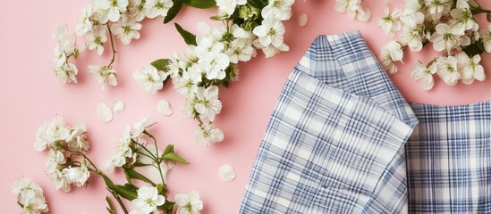 Wall Mural - Spring white flowers on a soft pink background with blue checkered fabric creating a harmonious flat lay composition for seasonal themes