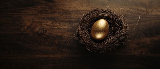 Aufkleber - Gold Painted Egg Nestled in a Bird's Nest on Dark Wooden Table with Copy Space for Easter or Spring-Themed Advertisements