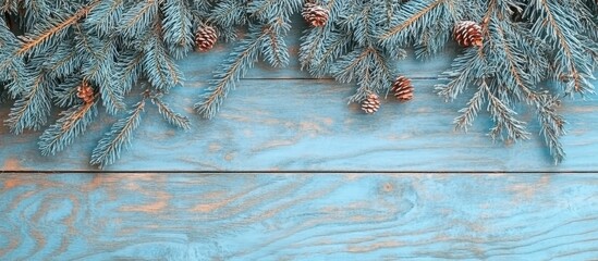 Poster - Winter backdrop featuring spruce branches and pine cones on a wooden surface, ideal for Christmas and New Year celebrations.